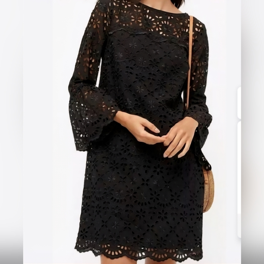 J. CREW Black Embroidered Eyelet Bell Sleeve Shift Dress